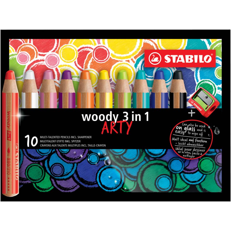 Multitalent-Stift woody 3 in 1 - ARTY - 10er Pack mit Spitzer, sortiert