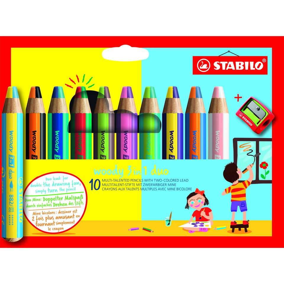 Multitalent-Stift mit Doppelspitze woody 3 in 1 Duo - 10er Kartonetui und Spitzer, sortiert