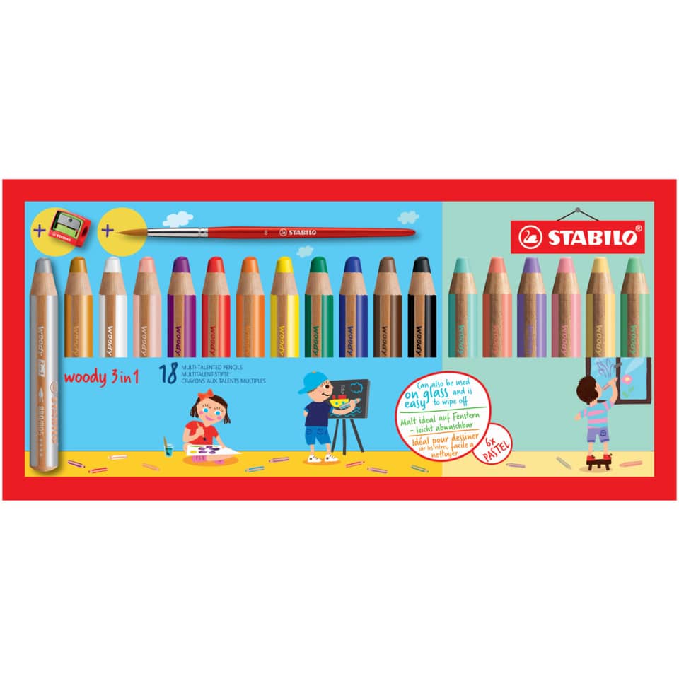 Multitalent-Stift woody 3 in 1 - 18er Pack mit Spitzer und Pinsel, Kartonetui