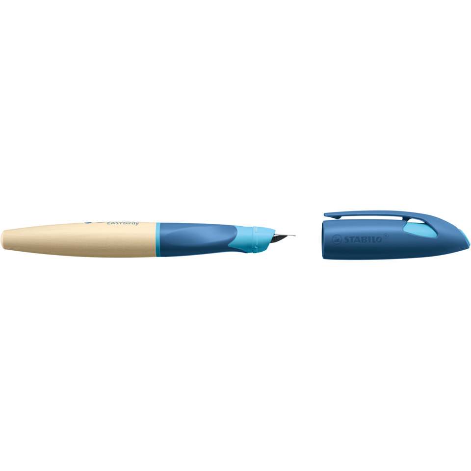 Schulfüller EASYbirdy® Timber - Linkshänder Feder A, blau/holzfarben, inkl. Standardpatrone