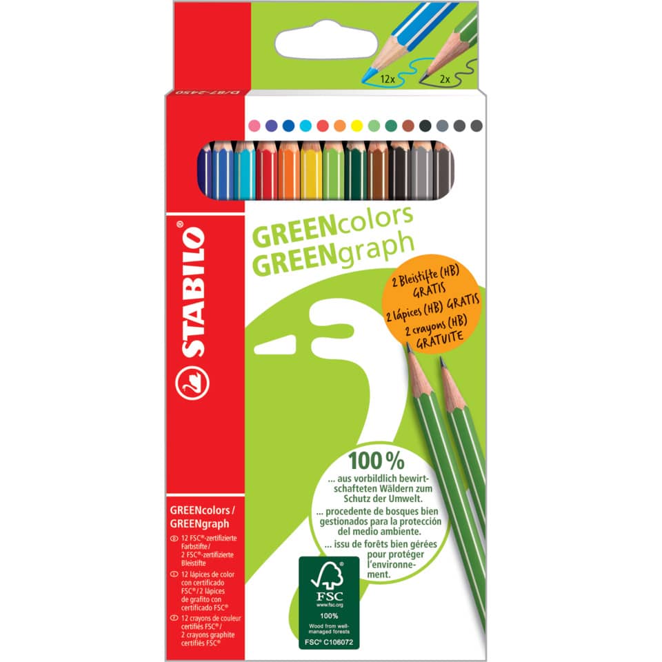 Umweltfreundlicher Buntstift - GREENcolors - 12+2er Pack - 12 Farben und 2 Bleistifte (gratis)