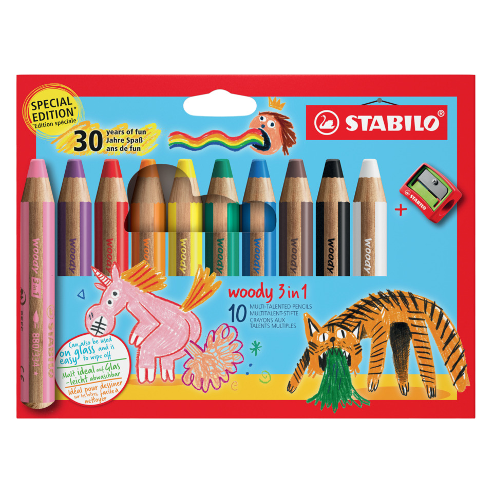 Multitalent-Stift woody 3 in 1 Etui 30 Jahre Spaß: Einhorn + Tiger, 10 Stifte und 1 kindersicherer Spitzer