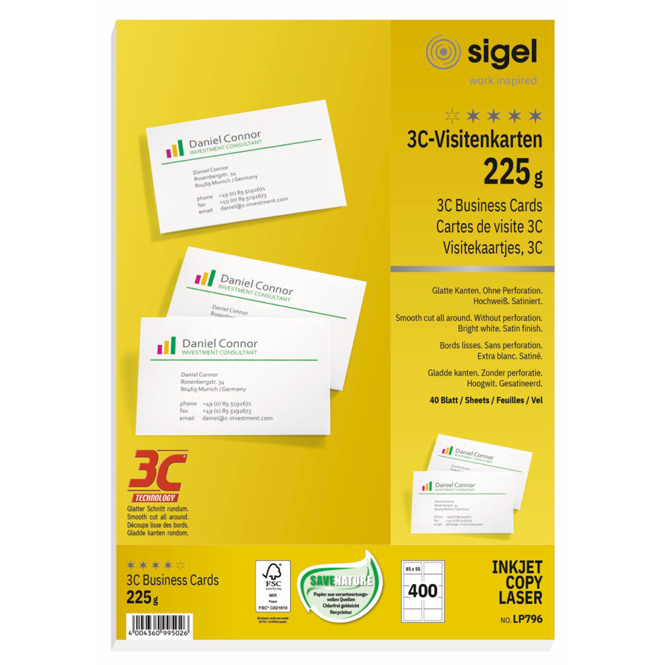 Visitenkarten, 3C, glatter Schnitt rundum, 225 g/qm, hochweiß, 400 Stück
