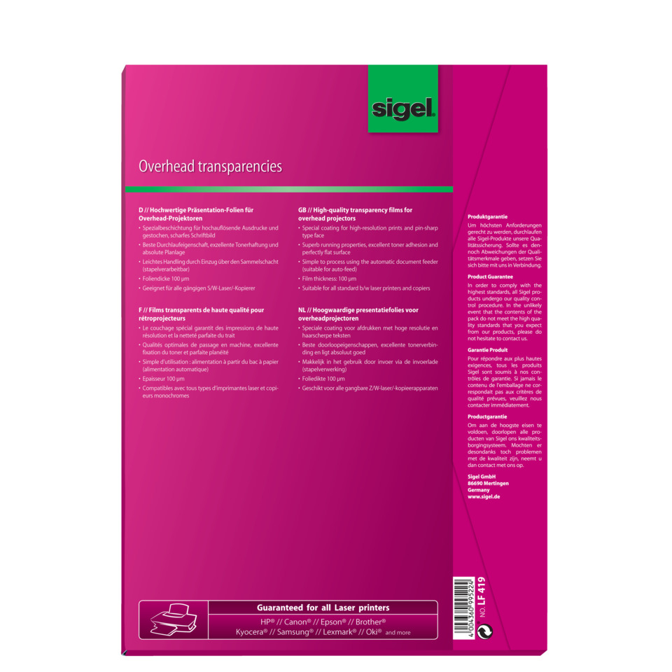 Overhead-Folien für S/W-Laser/-Kopierer, transparent, 100 mym, A4, 100 Blatt