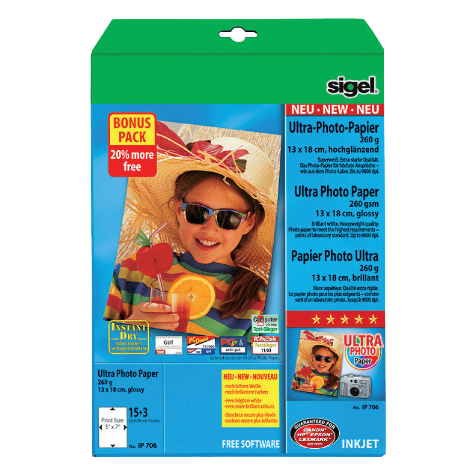 Inkjet Fotopapier Ultra - 13x18 cm, hochglänzend, 260 g/qm, 18 Blatt