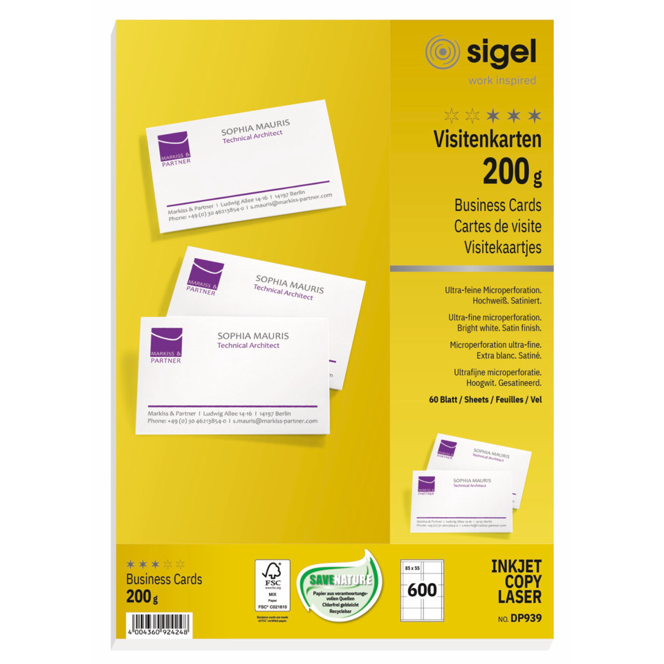 Visitenkarten, microperforiert, satiniert200 g/qm, hochweiß, 600 Stück