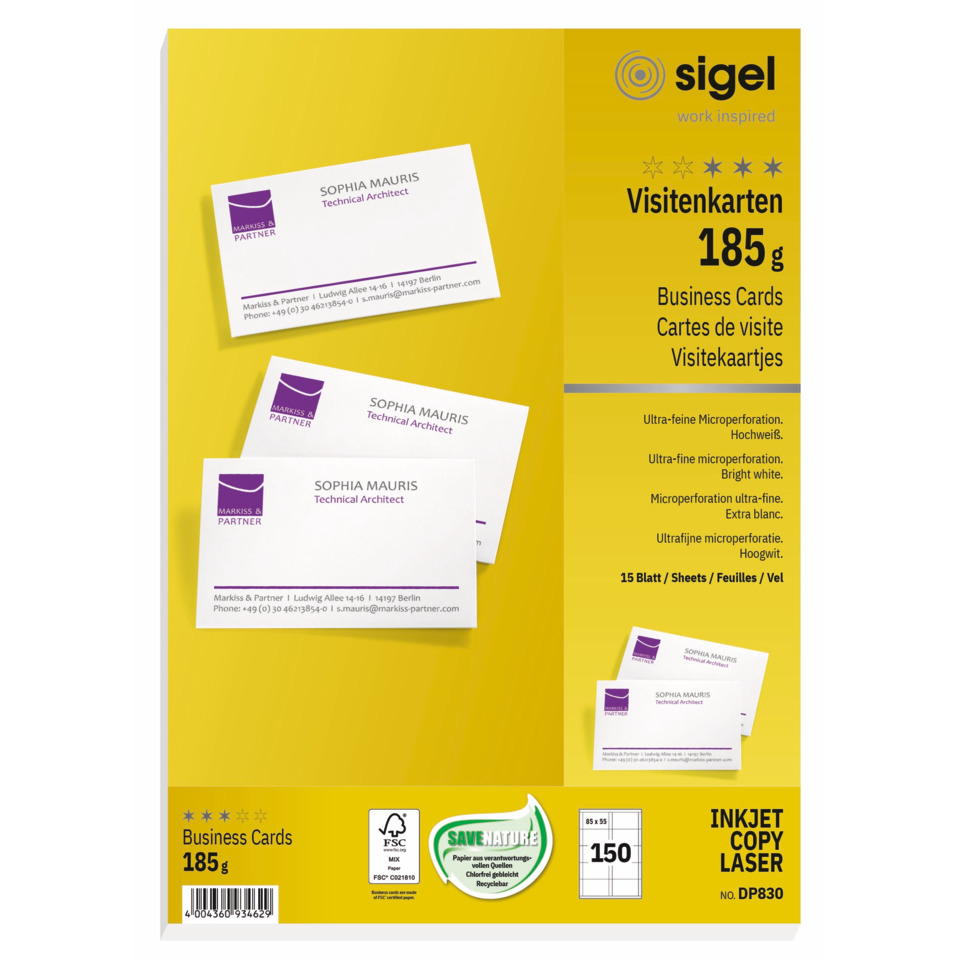 Visitenkarten, microperforiert, 185 g/qm, hochweiß, 150 Stück