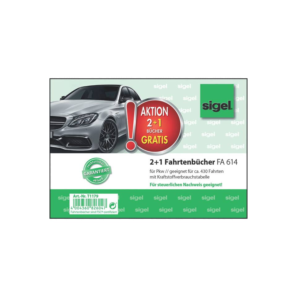 2 + 1 Aktion Fahrtenbuch für Pkw - mit Klammerheftung, A6 quer, 40 Blatt