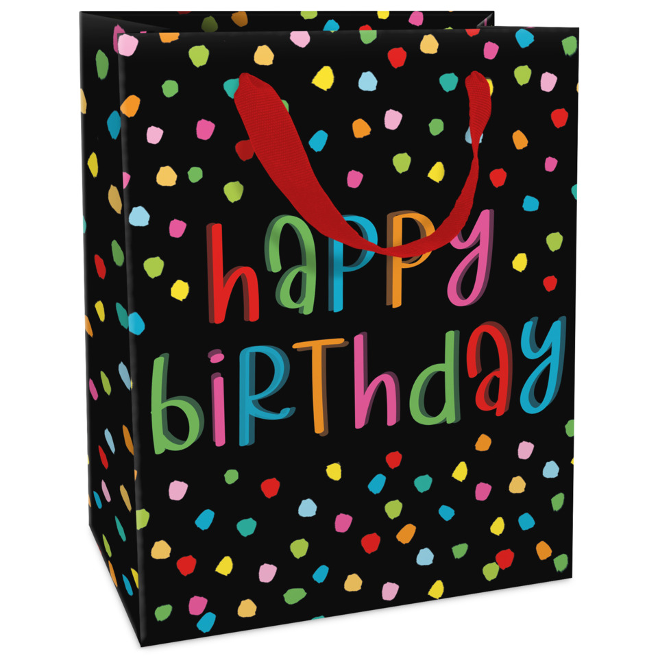 Geschenktragetasche Geburtstag, 15 x 12 x 6 cm, schwarz/bunt