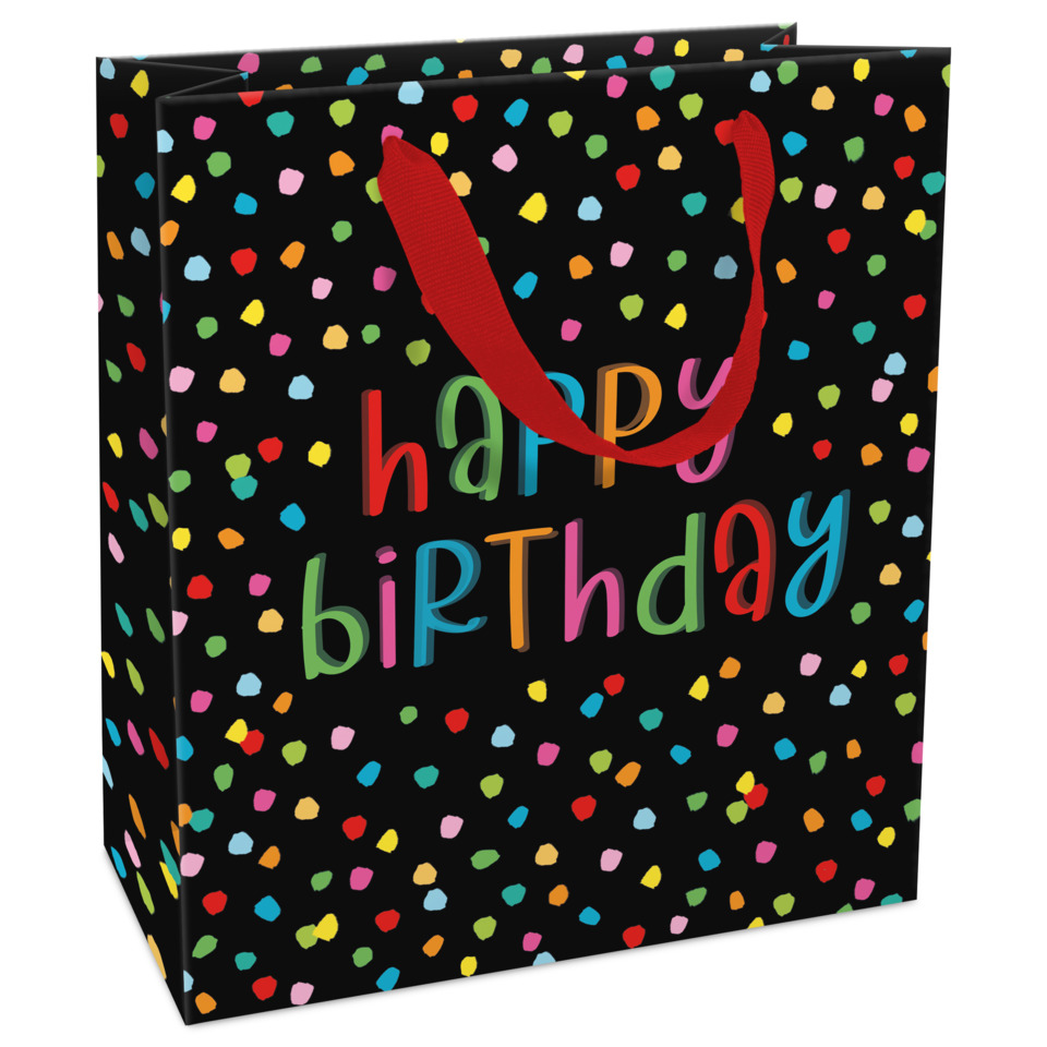 Geschenktragetasche Geburtstag, 21 x 18 x 8 cm, schwarz/bunt