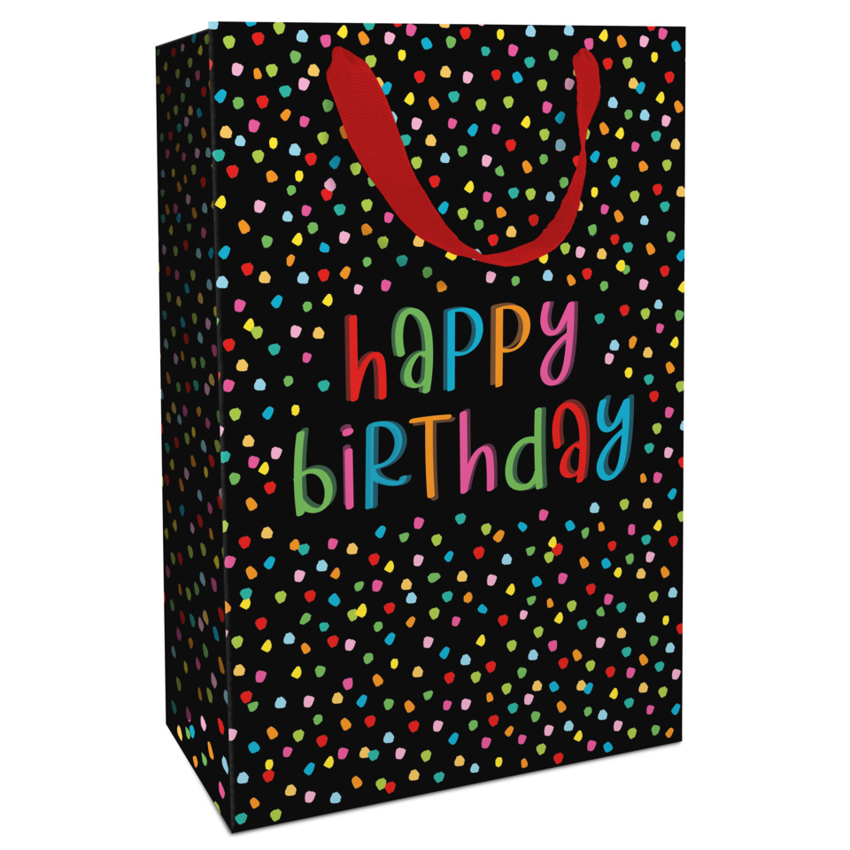 Geschenktragetasche Geburtstag, 36 x 24 x 13 cm, schwarz/bunt