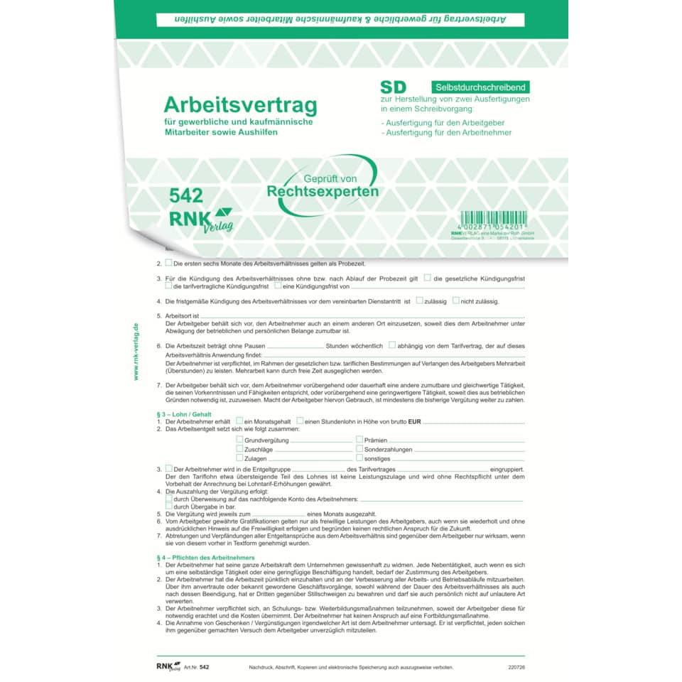 Arbeitsvertrag für gewerbliche Arbeitnehmer - SD, 2 x 2 Blatt, DIN A4, 10 Stück