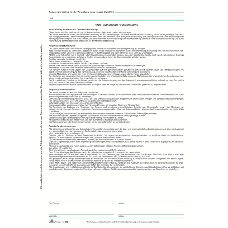 Verträge zur Vermietung eines Hauses, 4 Seiten, DIN A4 + Hausordnung