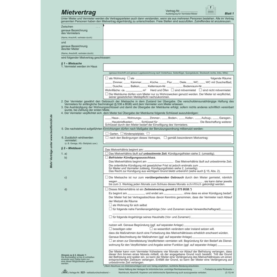 Universal-Mietvertrag Wohnungen - SD mit Übergabeprotokoll, 4x2 Blatt, DIN A4
