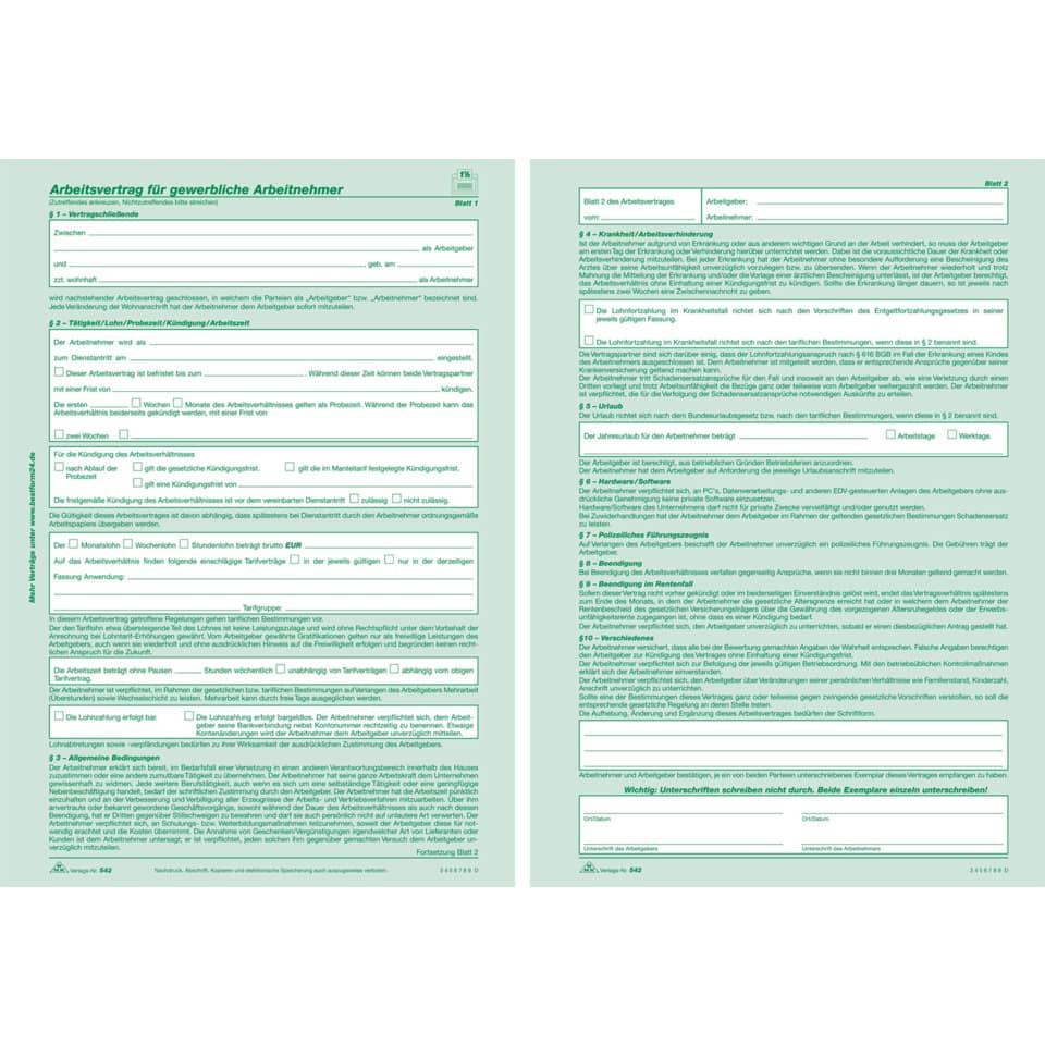 Arbeitsvertrag für gewerbliche Arbeitnehmer - SD, 2 x 2 Blatt, DIN A4