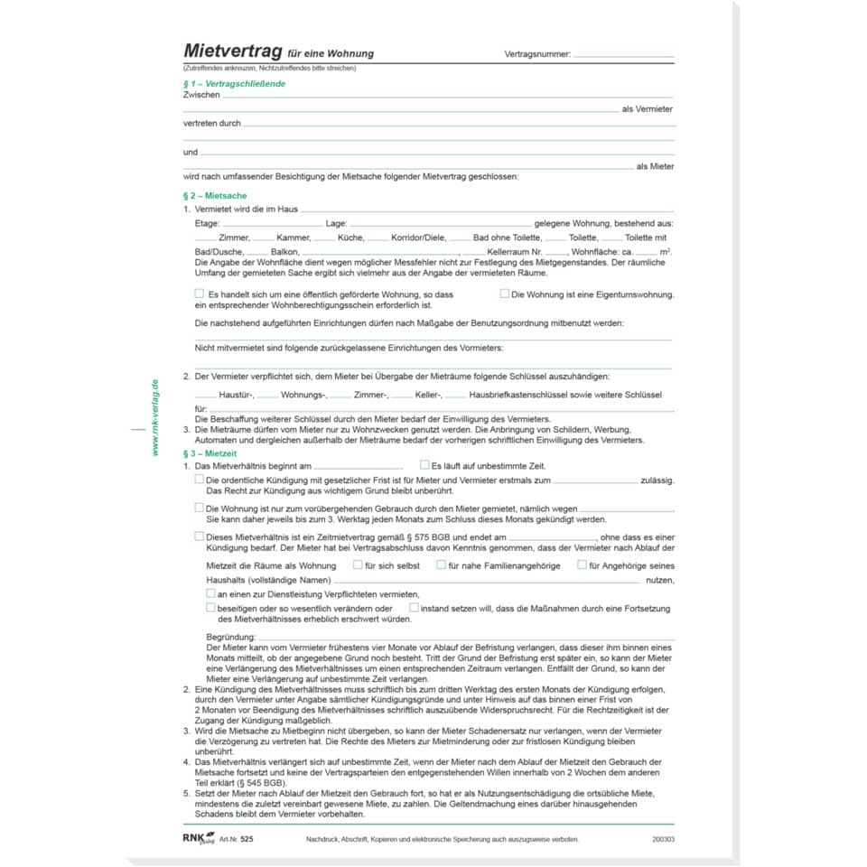 Mietverträge für Wohnungen - ausführliche Fassung, 6 Seiten, DIN A4