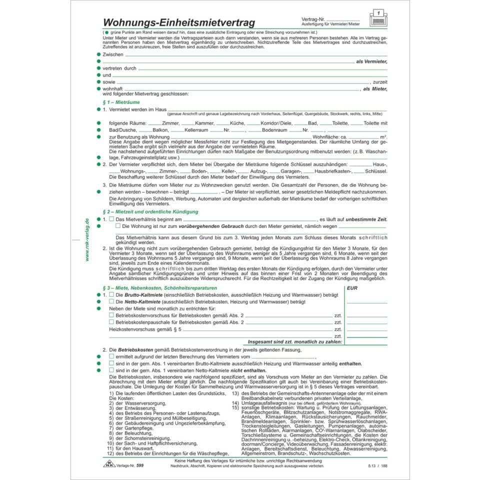 Wohnungs-Einheitsmietvertrag, 4 Seiten, gefalzt auf DIN A4+ Wohnungsgeberbescheinigung, 10 Stück