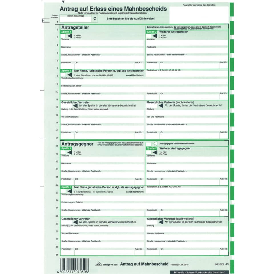 Antrag Mahnbescheid, alle Bundesländer, 2 Einzelblatt, DIN A4 lose im Wechsel