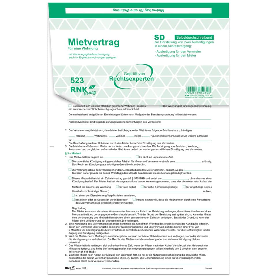 Universal-Mietvertrag für Wohnungen - SD, 3 x 2 Blatt, DIN A4, 10 Stück