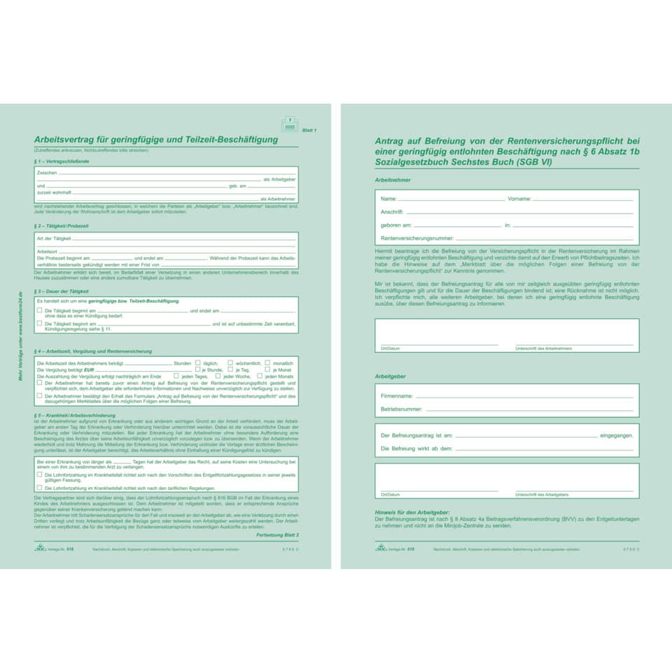 Arbeitsvertrag geringfügig Beschäftigte - SD, 2x2 Blatt + Zusatzblatt, DIN A4