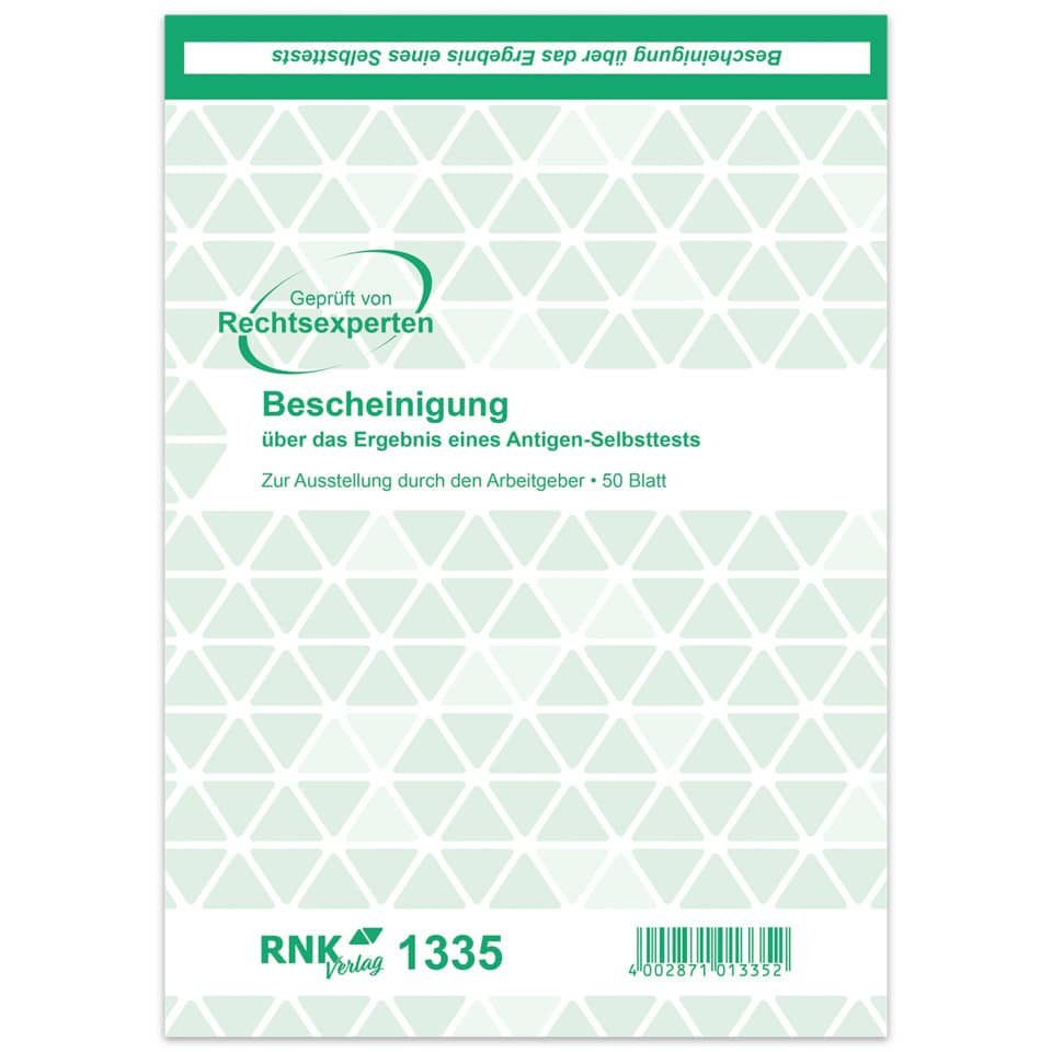 Bescheinigung Selbsttest, Block, DIN A5, 50 Blatt