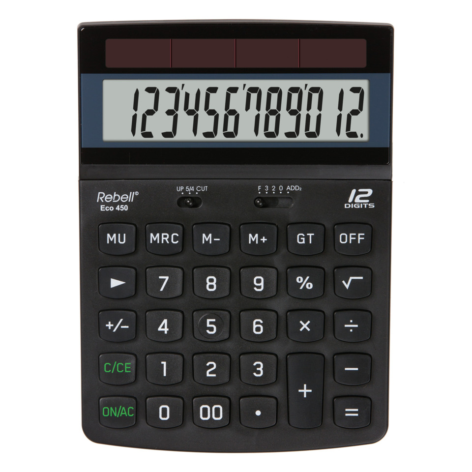 Tischrechner Eco 450, 100% Solar, einzeilig, 12 Stellen, 132x184x34mm, schwarz