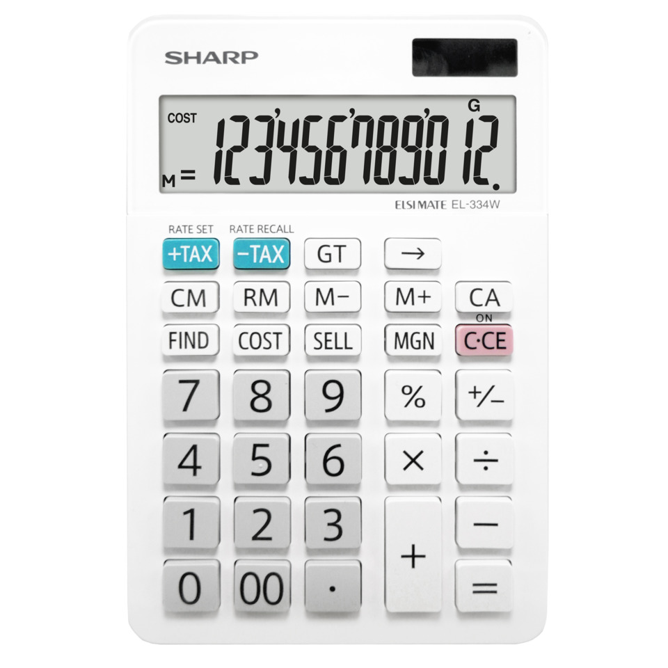 Tischrechner SH-EL334W - Solar-/Batteriebetrieb, 12-stellig,LC-Display, weiß
