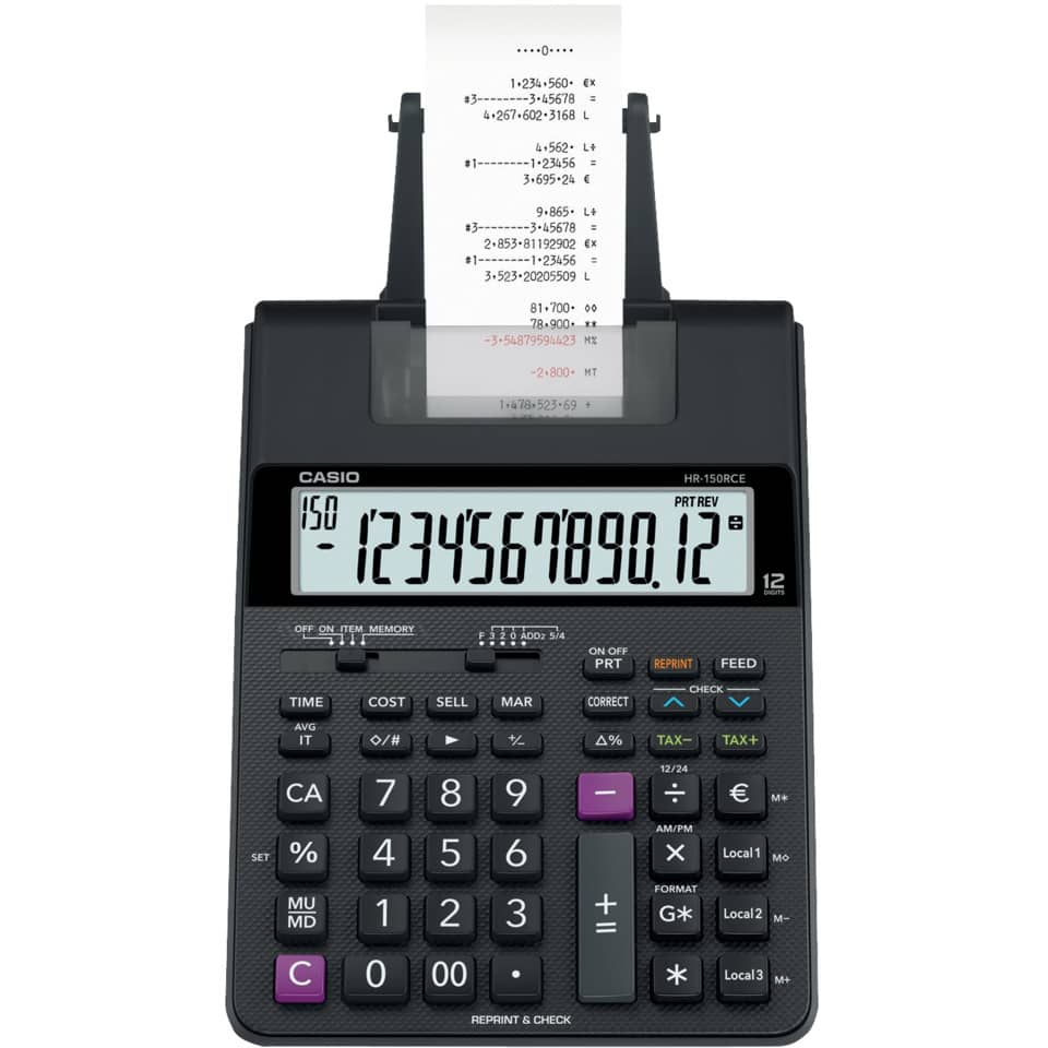 Tischrechner druckend HR-150RCE, kompakt, Batterie-/Netzbetrieb, viele Funktionen