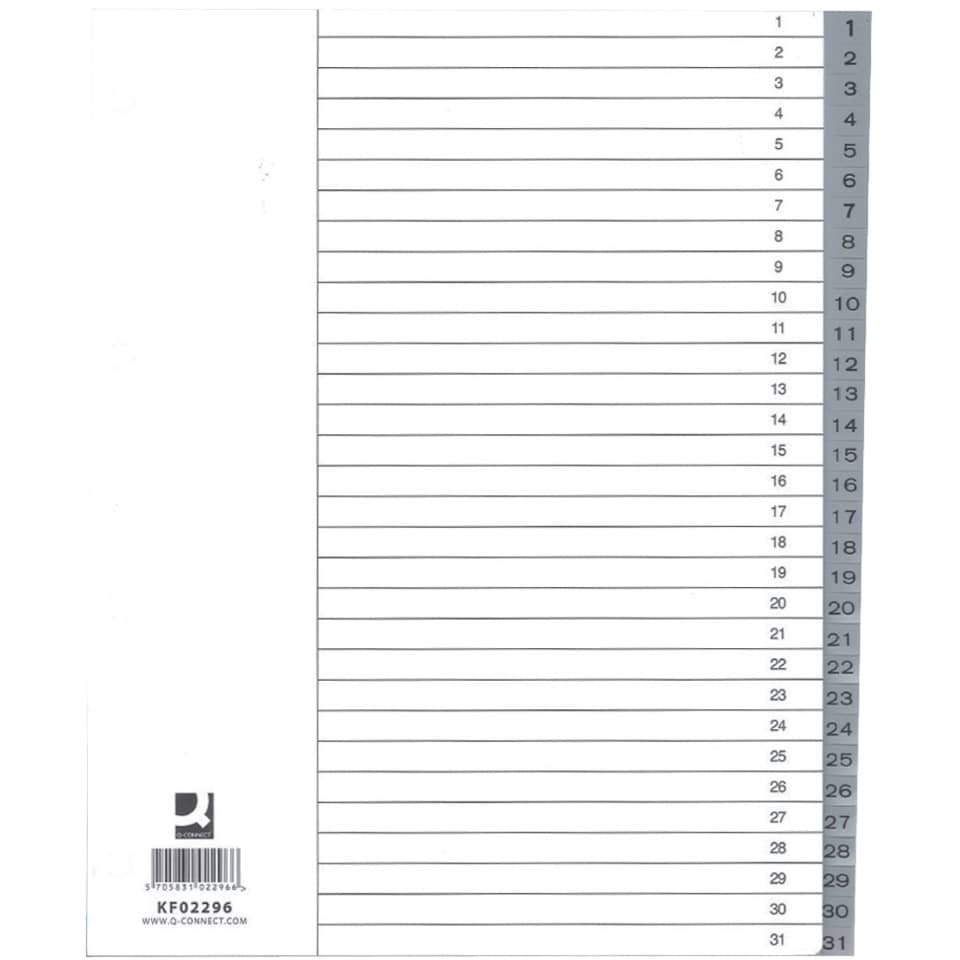 Zahlenregister - 1 - 31, PP, A4 Überbreite, 31 Blatt, grau