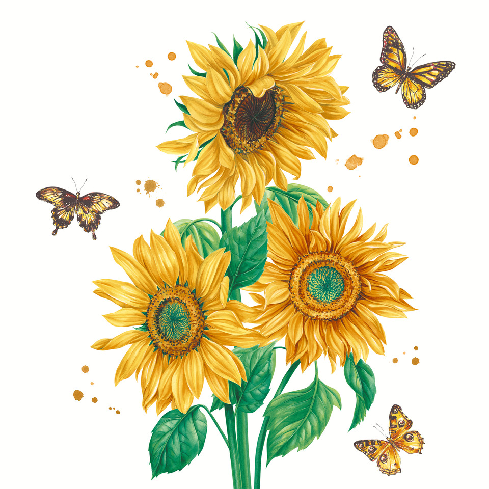 Motivserviette, Sonnenblumen Blüte, 33 x 33 cm, 3-lagig, 20 Stück