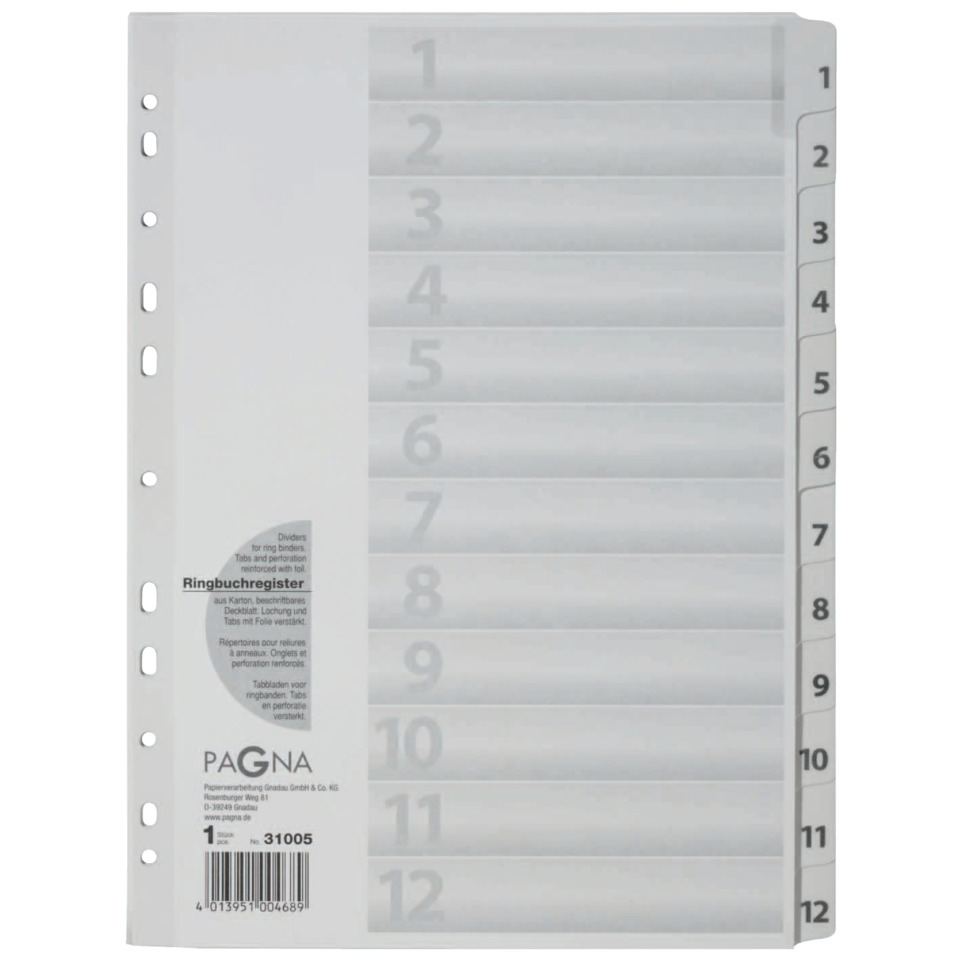 Zahlenregister - 1 - 12, Karton, A4, 12 Blatt, weiß