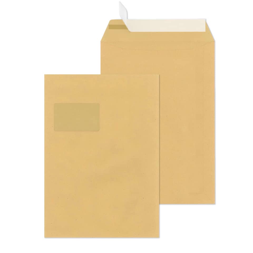 Versandtaschen C4 , mit Fenster, haftklebend, 110 g/qm, braun, 250 Stück