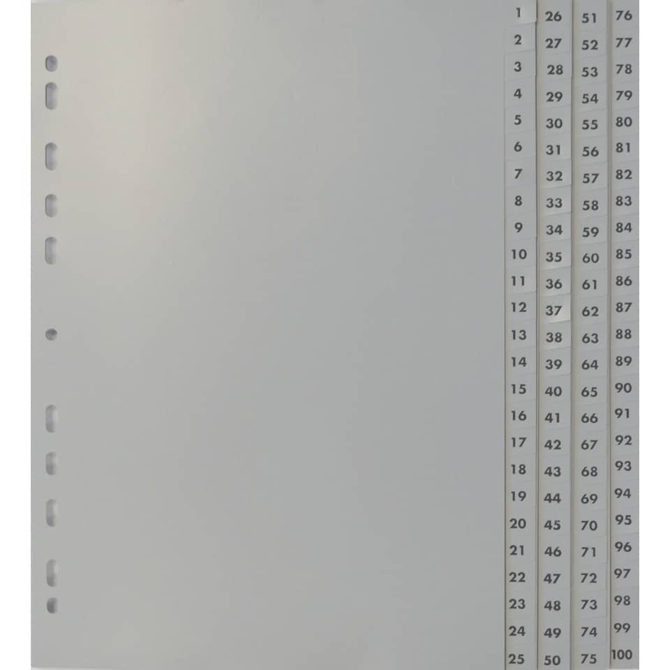 Zahlenregister - 1 - 100, PP, A4, 100 Blatt, 4 Abläufe, grau