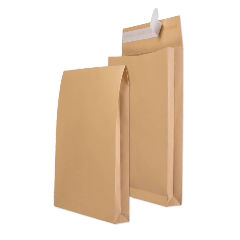 Faltentaschen - E4, ohne Fenster, 40 mm-Falte, Klotzboden, haftklebend, 140 g/qm, braun, 100 Stück