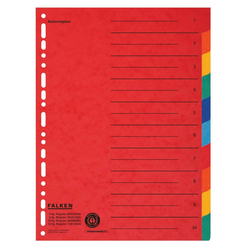 Zahlenregister - 1-10, Karton farbig, A4, 5 Farben, gelocht mit Orgadruck