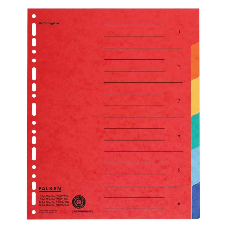 Zahlenregister - 1-6, Karton farbig, A4, 6 Farben, gelocht mit Orgadruck
