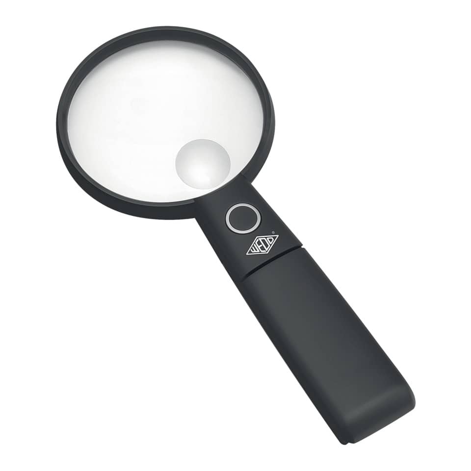 Tischlupe Ø 9 cm mit Standfuß - beleuchtet,  2-fach, schwarz