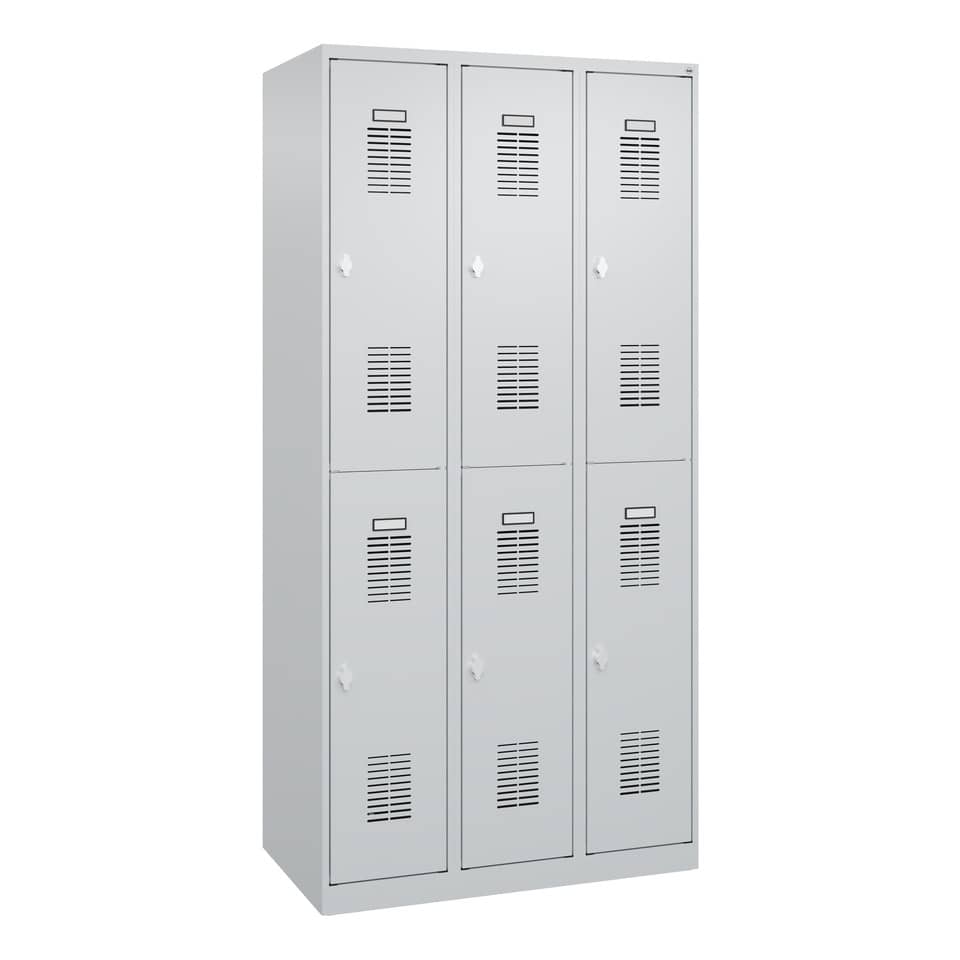Doppelstöckiger Garderobenschrank 3 Abteile - lichtgrau, je 2 Fächer mit Stange