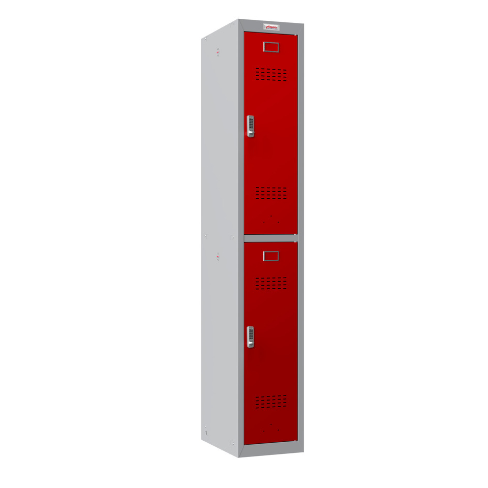 Garderobenschrank, Elektronikschloss, 2 Fächer, Stahl, grau/rot