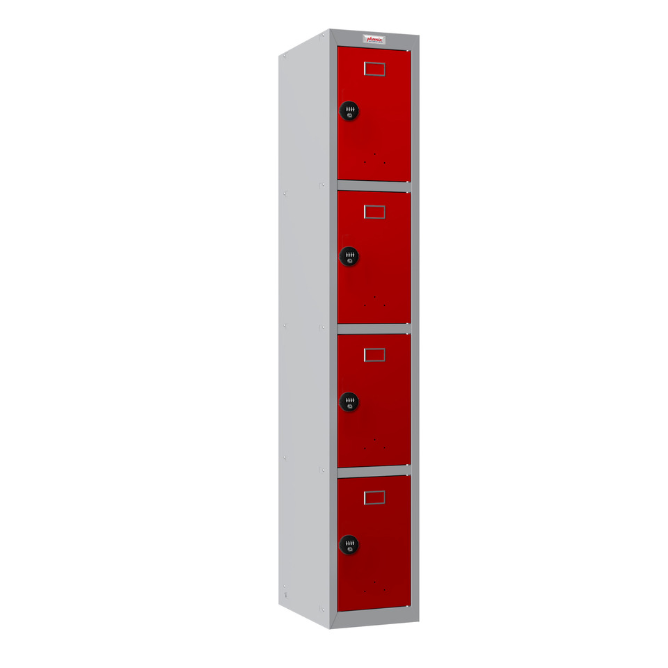 Garderobenschrank, Kombischloss, 4 Fächer, Stahl, grau/rot