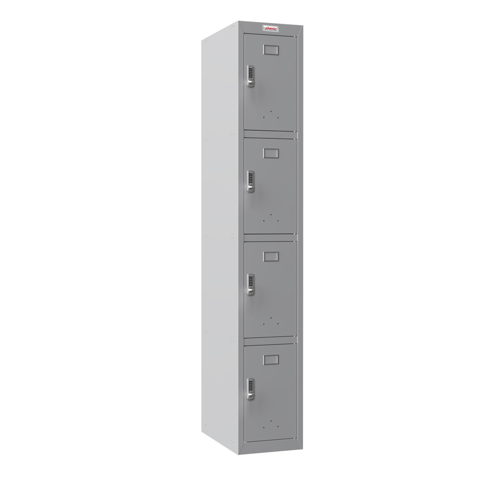 Garderobenschrank, Elektronikschloss, 4 Fächer, Stahl, grau