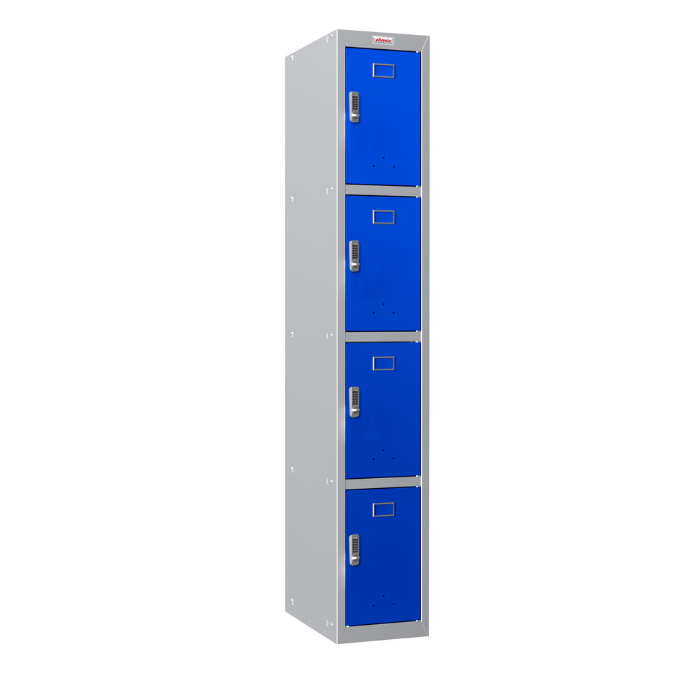 Garderobenschrank, Elektronikschloss, 4 Fächer, Stahl, grau/blau