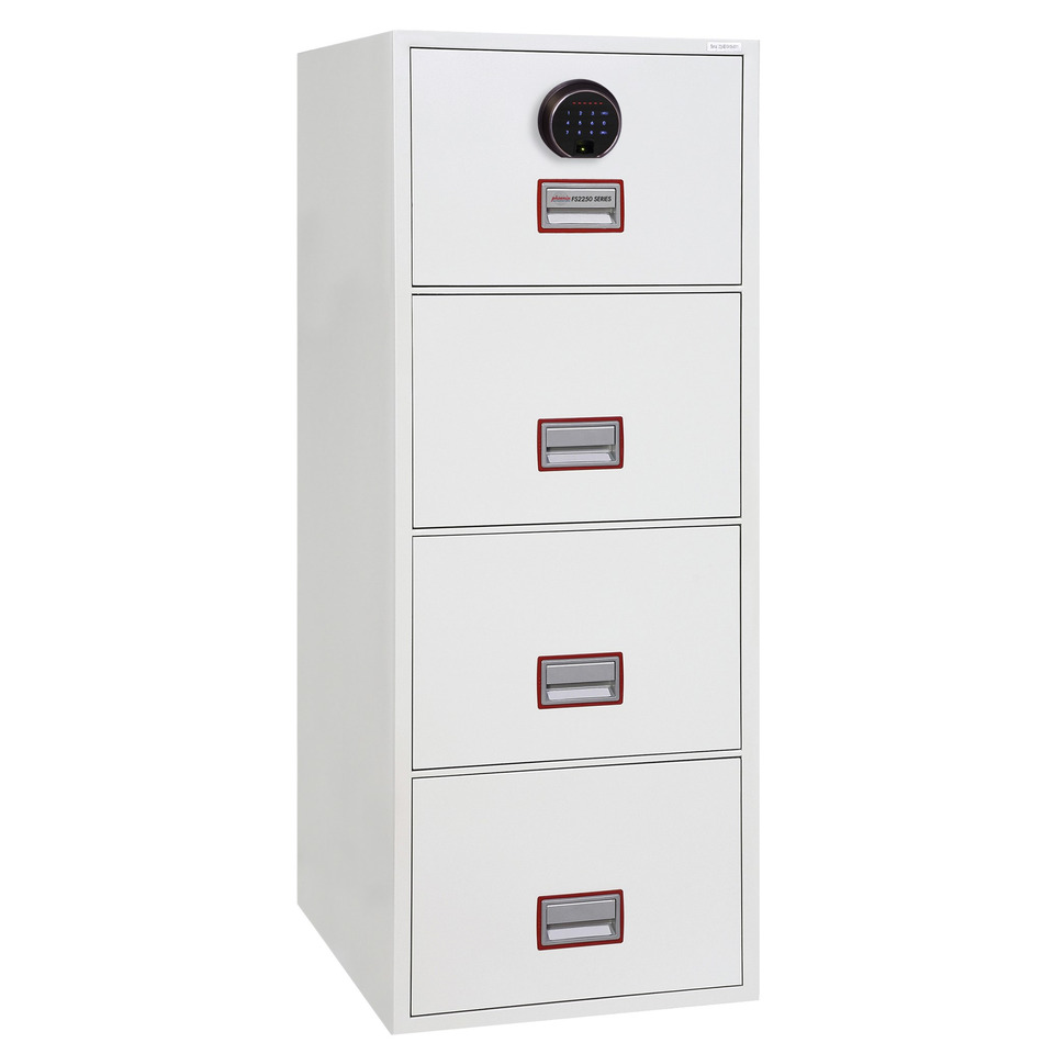 Hängeregistraturenschrank Vertical Fire File, 4 Laden weiß, Fingerabdruck-Schloss