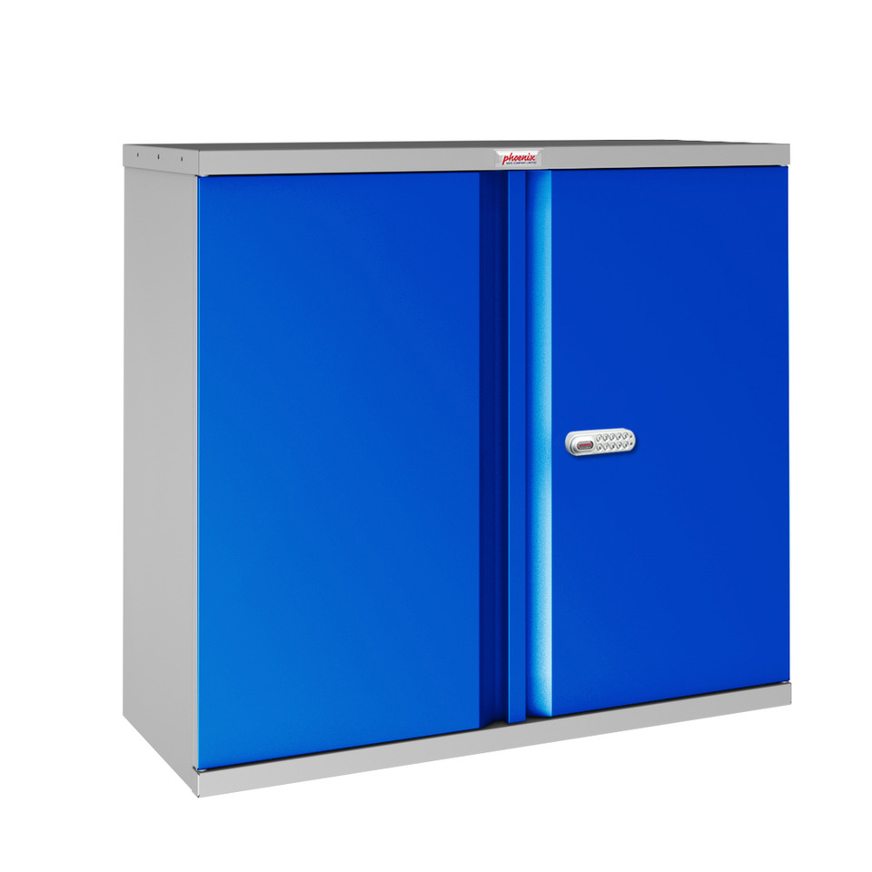 Flügeltürenschrank, Elektronikschloss, 2 Fachböden, Stahl, grau/blau