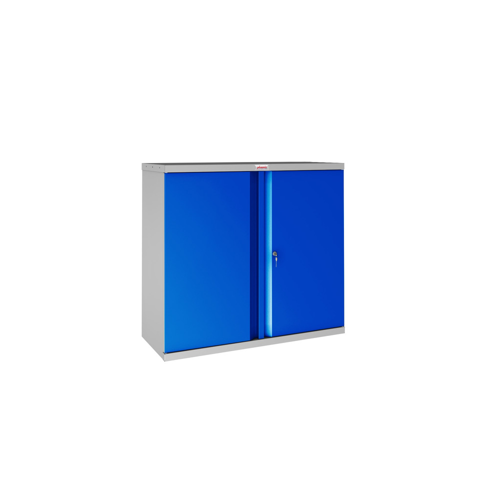Flügeltürenschrank, Vorhangschloss, 2 Fachböden, Stahl, grau/blau