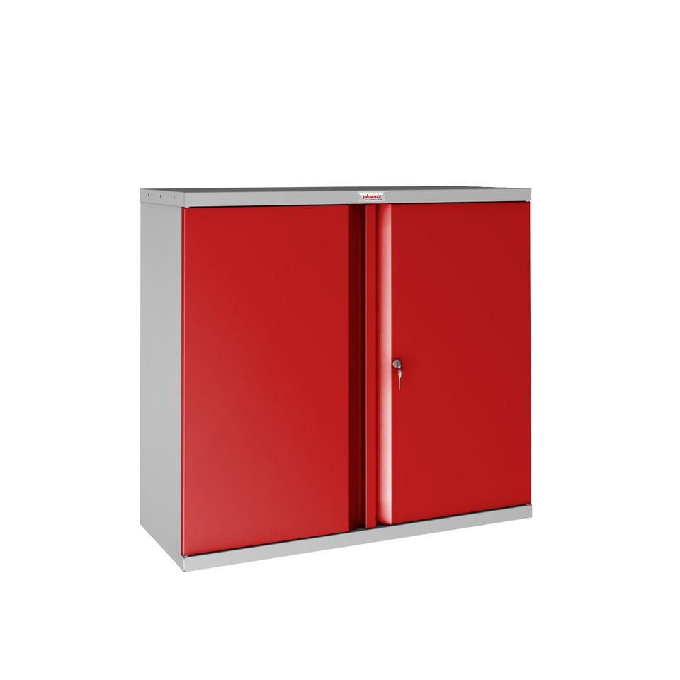 Flügeltürenschrank, Vorhangschloss, 2 Fachböden, Stahl, grau/rot