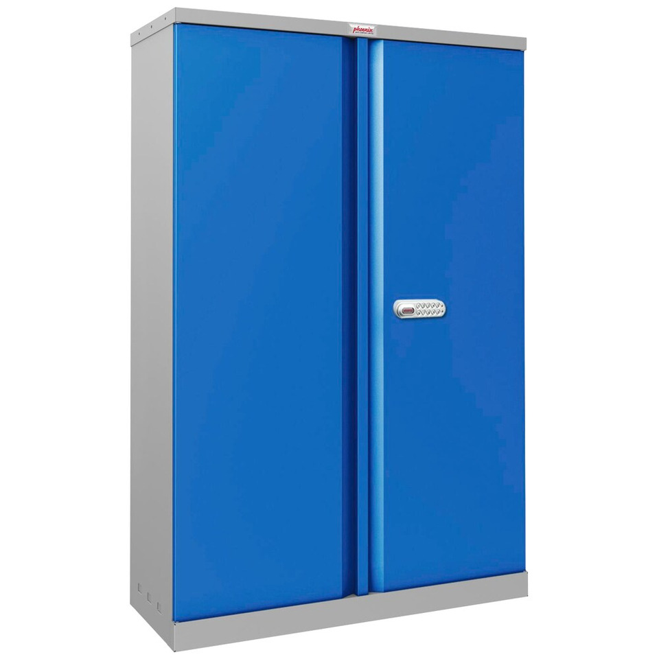 Flügeltürenschrank, Elektronikschloss, 3 Fachböden, Stahl, grau/blau