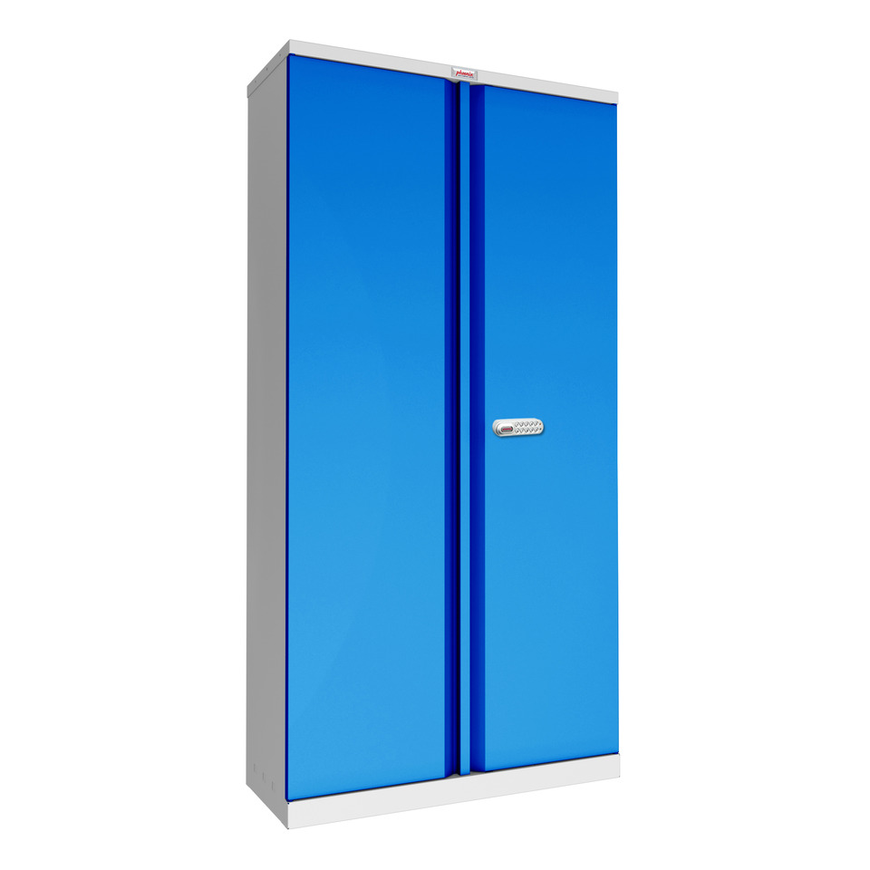 Flügeltürenschrank, Elektronikschloss, 4 Fachböden, Stahl, grau/blau