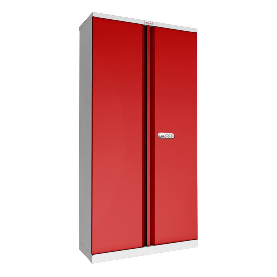 Flügeltürenschrank, Elektronikschloss, 4 Fachböden, Stahl, grau/rot