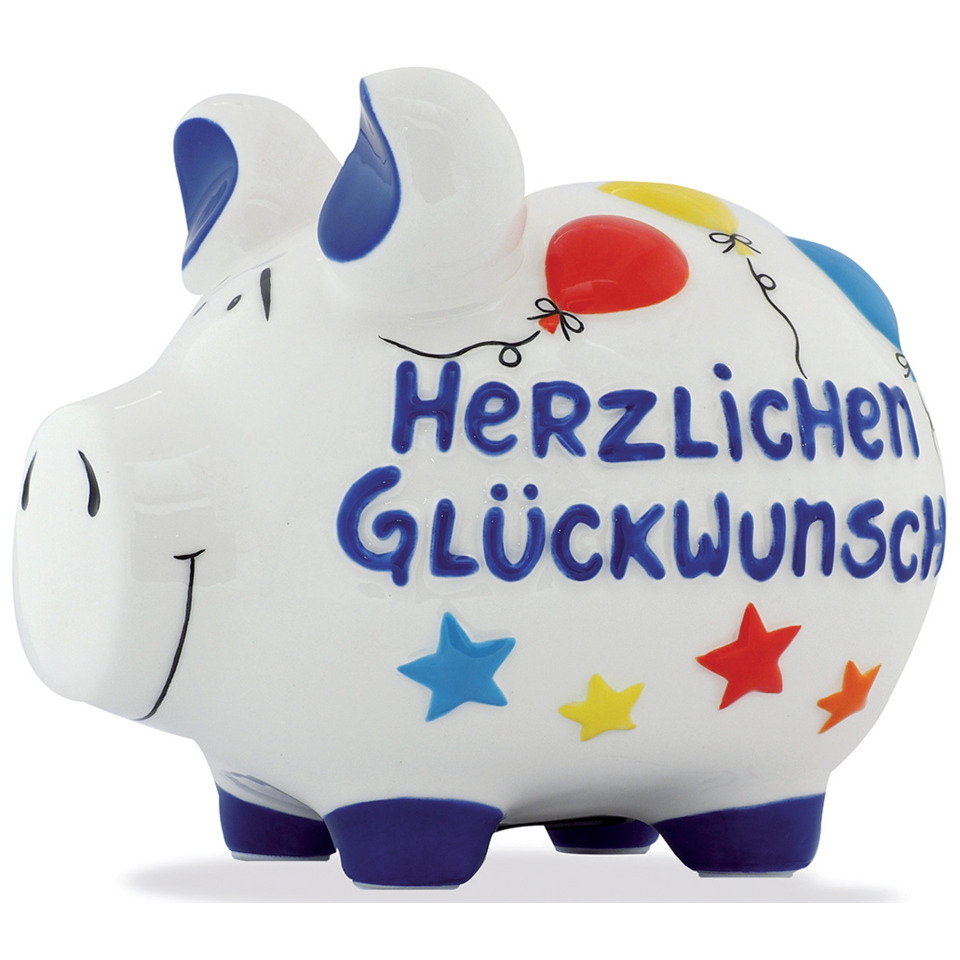 Spardose Schwein "Herzlichen Glückwunsch" - weiß, mittel